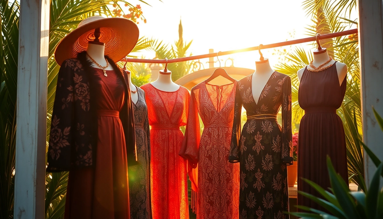 Showcase a luxurious Soleil Dor fashion collection displayed against a sunlit backdrop.