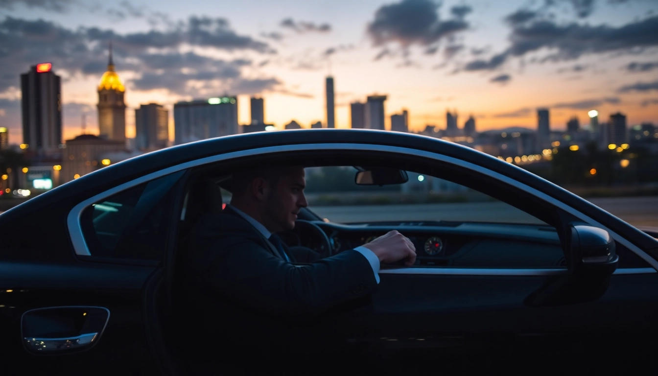 Luxury driver hire Sao Paulo featuring a professional chauffeur with a stylish black vehicle against the city skyline.