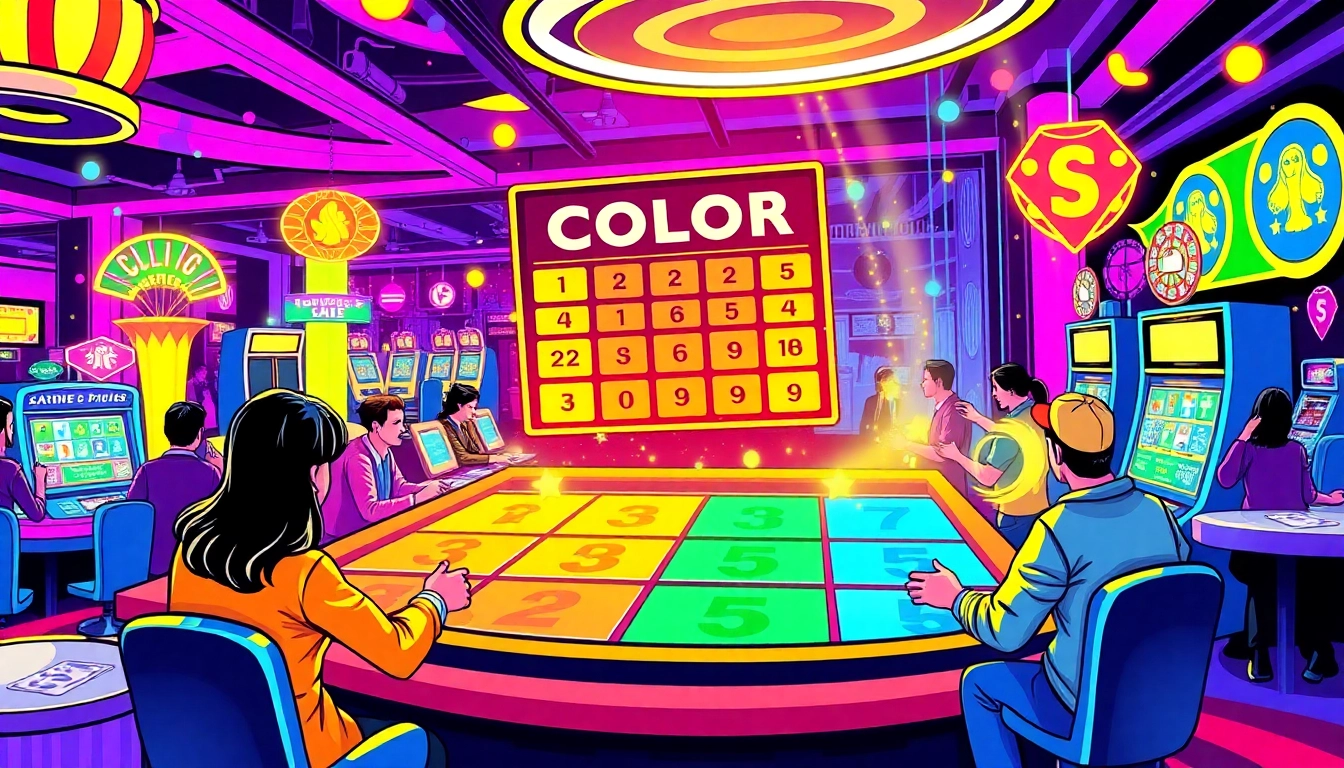 Engage in a thrilling Color prediction game with players selecting vibrant colors amid a lively casino backdrop.