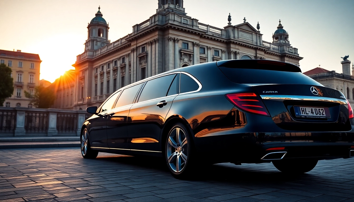 Luxury hire chauffeur Lisbon service featuring a sleek black limousine against a stunning Lisbon backdrop.