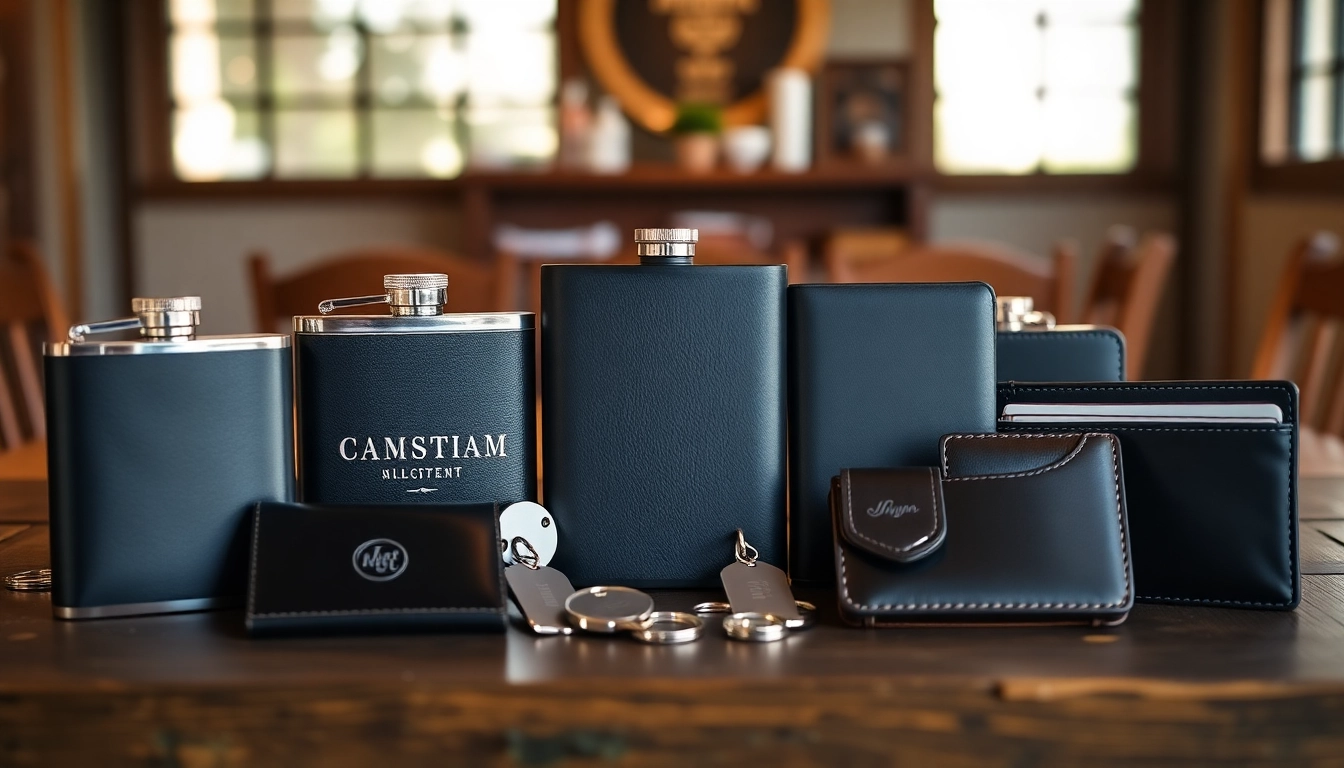 Showcase a variety of cheap groomsmen gifts, including personalized flasks and wallets, perfect for weddings.