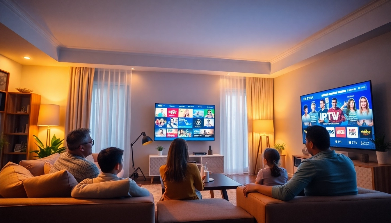 Experience the convenience of IPTV Suisse with a family enjoying their favorite shows in a cozy living room.