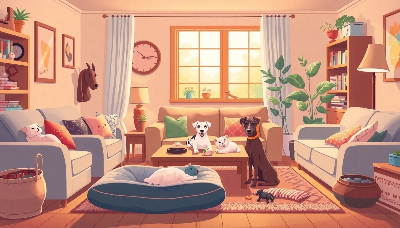 View the latest pet accessories showcasing trendy collars, toys, and beds in a cozy room setting.