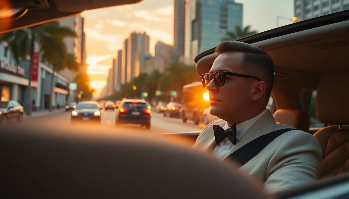 Experience luxury driver hire Sao Paulo with a stunning chauffeur in an upscale vehicle against a vibrant evening backdrop.