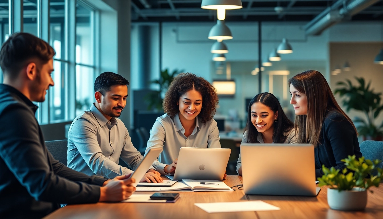 Outsourcing experts discussing strategies in a professional office, focusing on collaboration and teamwork.