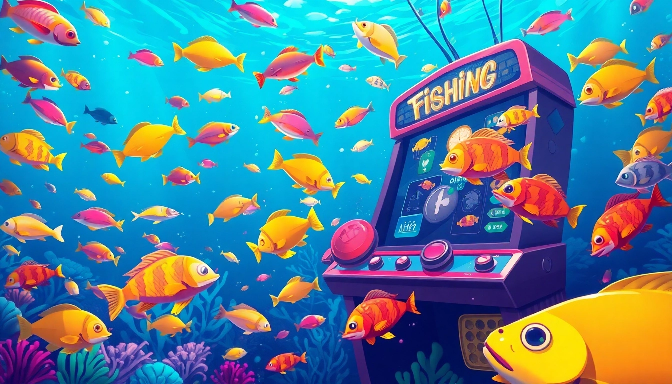 Engage with slot tembak ikan online through a vibrant underwater fishing game scene filled with colorful fish.