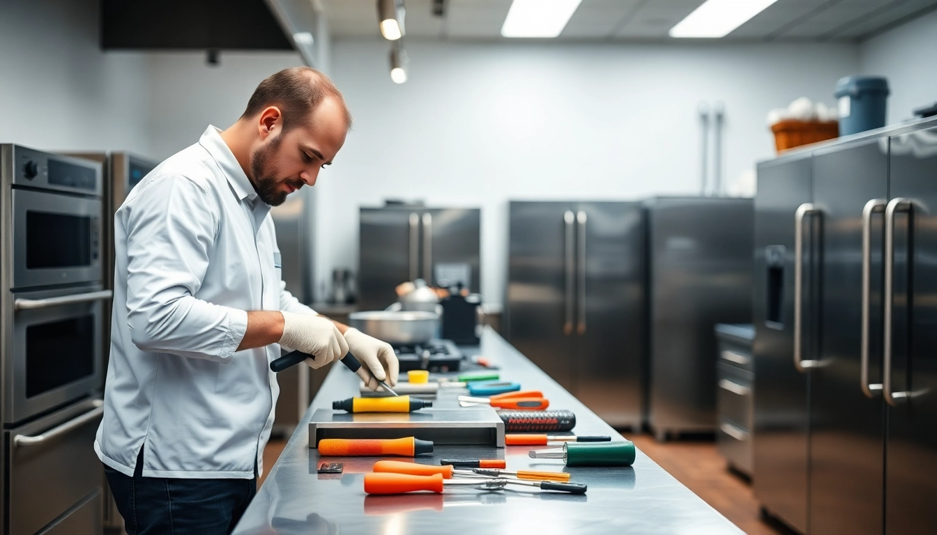 Technician performs prep table repair in a bright commercial kitchen with stainless steel surfaces.