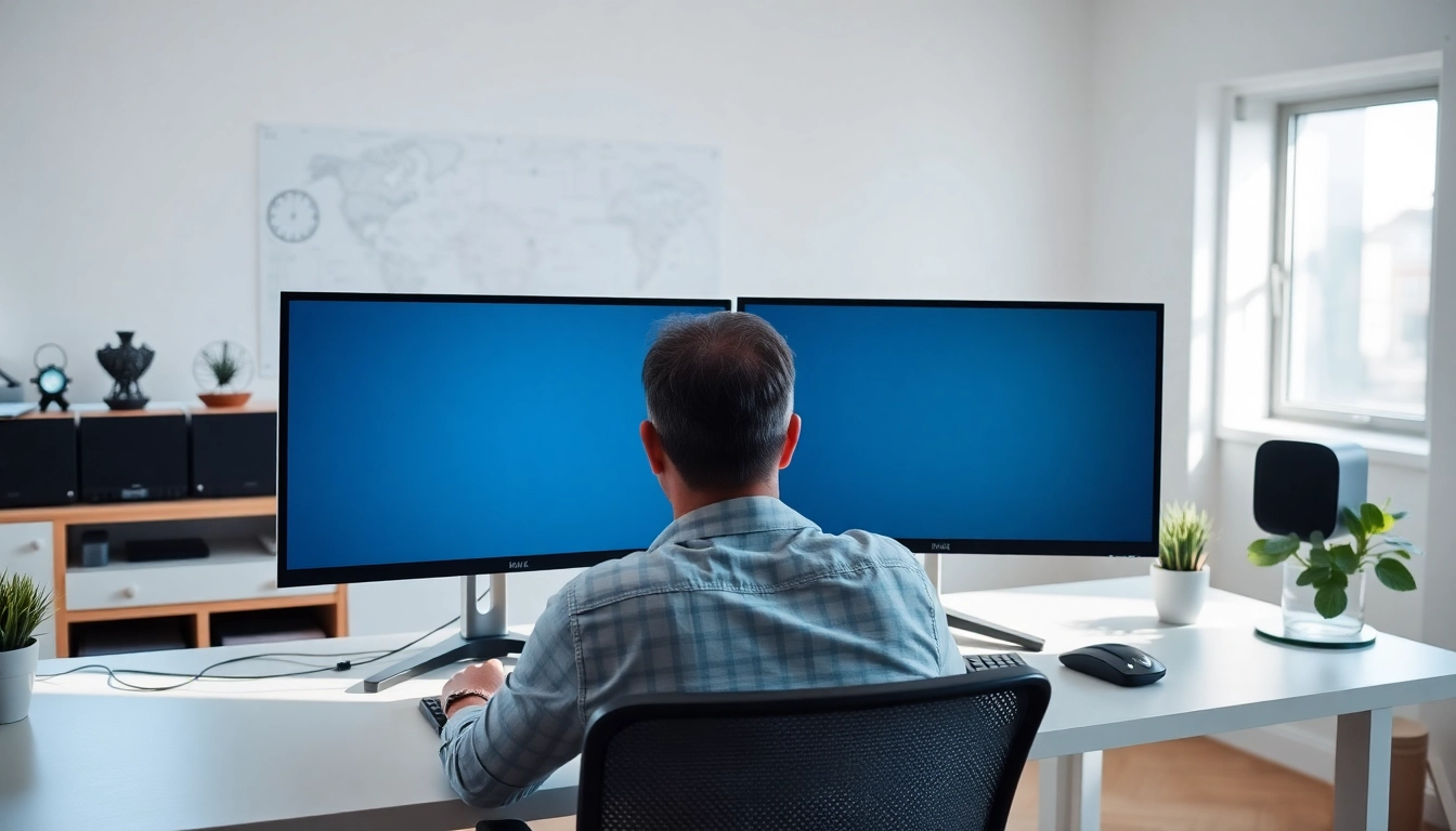 Install dual monitor set-up featuring sleek screens and organized cables for a streamlined workspace.