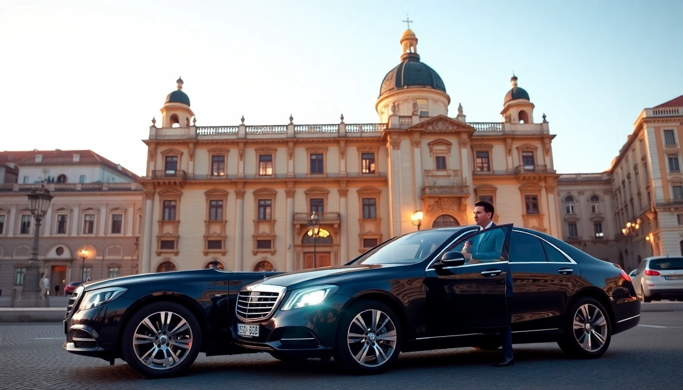 Luxury hire chauffeur Lisbon transporting clients in an elegant vehicle near iconic Lisbon sights.