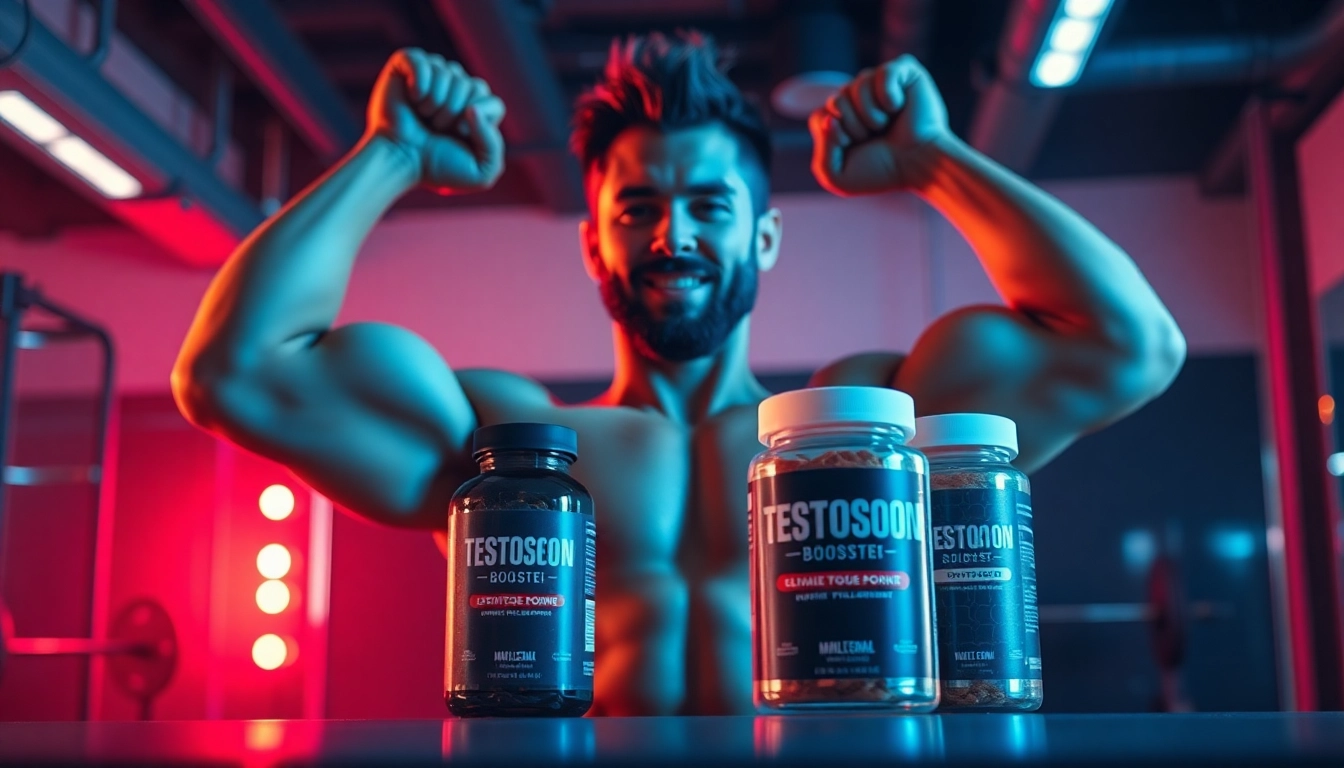 A fitness enthusiast lifting weights while showcasing a testosteron-booster supplement bottle for enhanced performance.