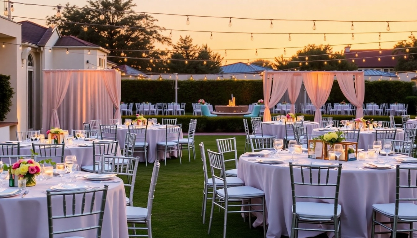 Set up stunning tables and chairs for rent at an outdoor event, showcasing elegance and style for guests.