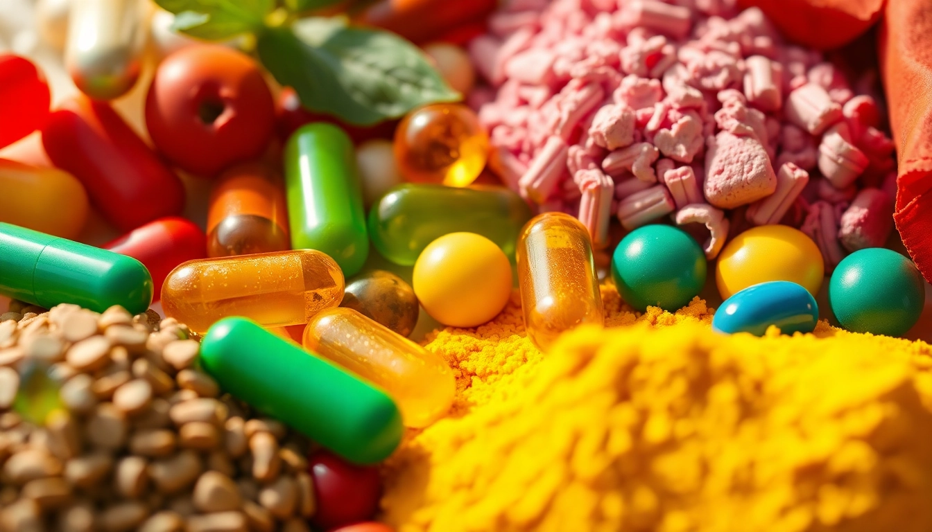 Showcasing dietary supplements, colorful capsules, and powders in a health-focused setting.