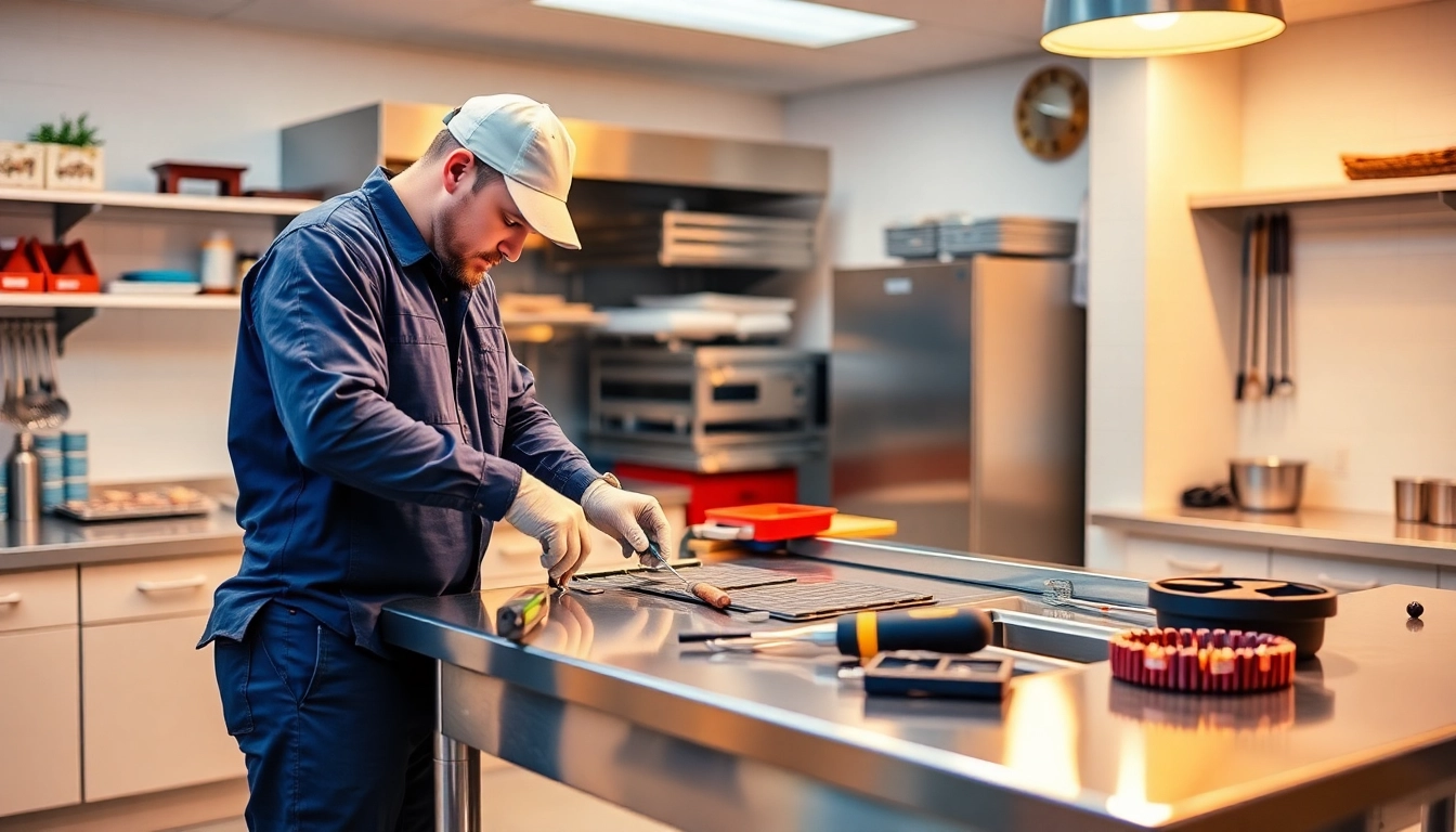 Repairing a prep table with professional tools in a well-lit kitchen setting.