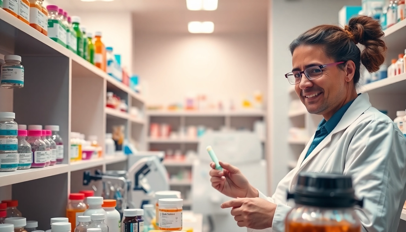 Pharmacist preparing customized medications in a compounding pharmacy workspace.