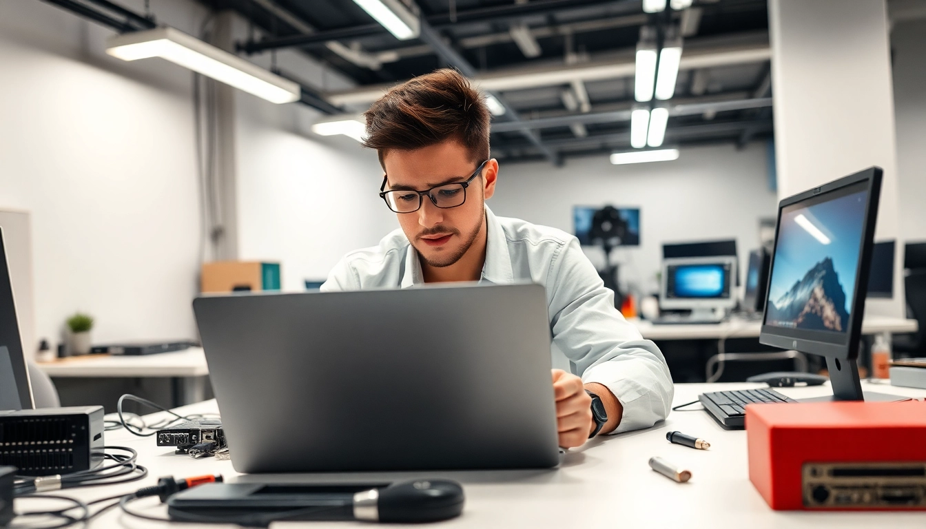 Riparazione pc torino: tecnico esperto che ripara un laptop in un laboratorio moderno.