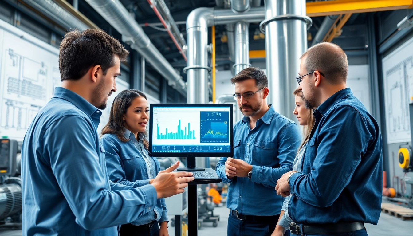 Engineers at a pipe stress analysis company evaluating systems in a modern industrial workspace.