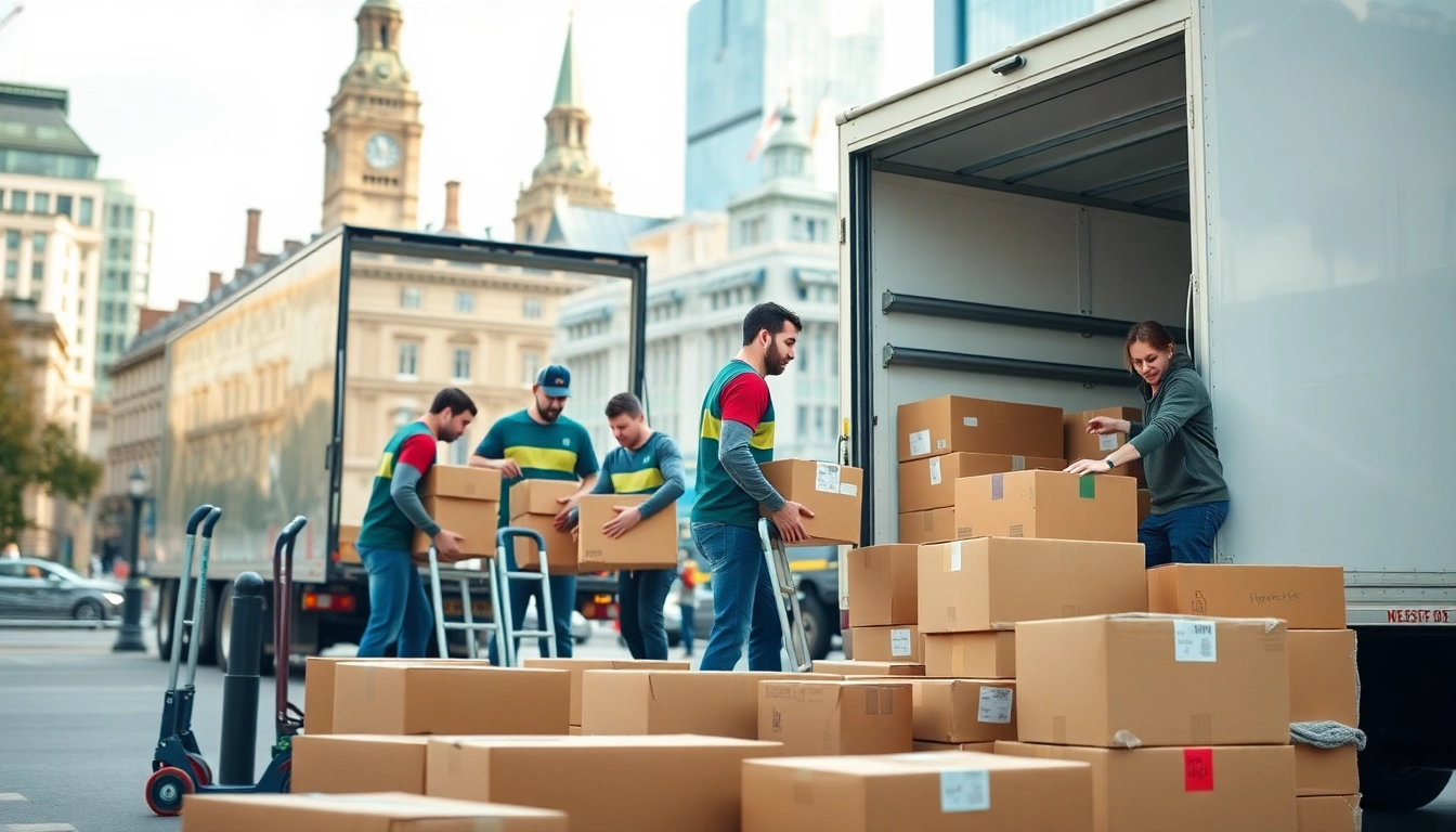 Professional movers London loading a truck in an urban environment, showcasing their teamwork.