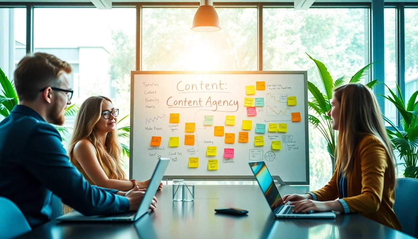 A team brainstorming effective strategies at a leading Content Agency showcased in a modern office.