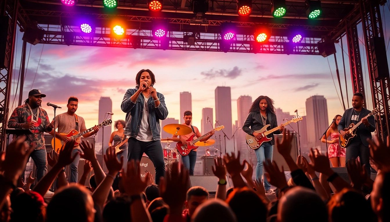 Chicago hip-hop artists performing passionately under the Chicago skyline at a vibrant festival.