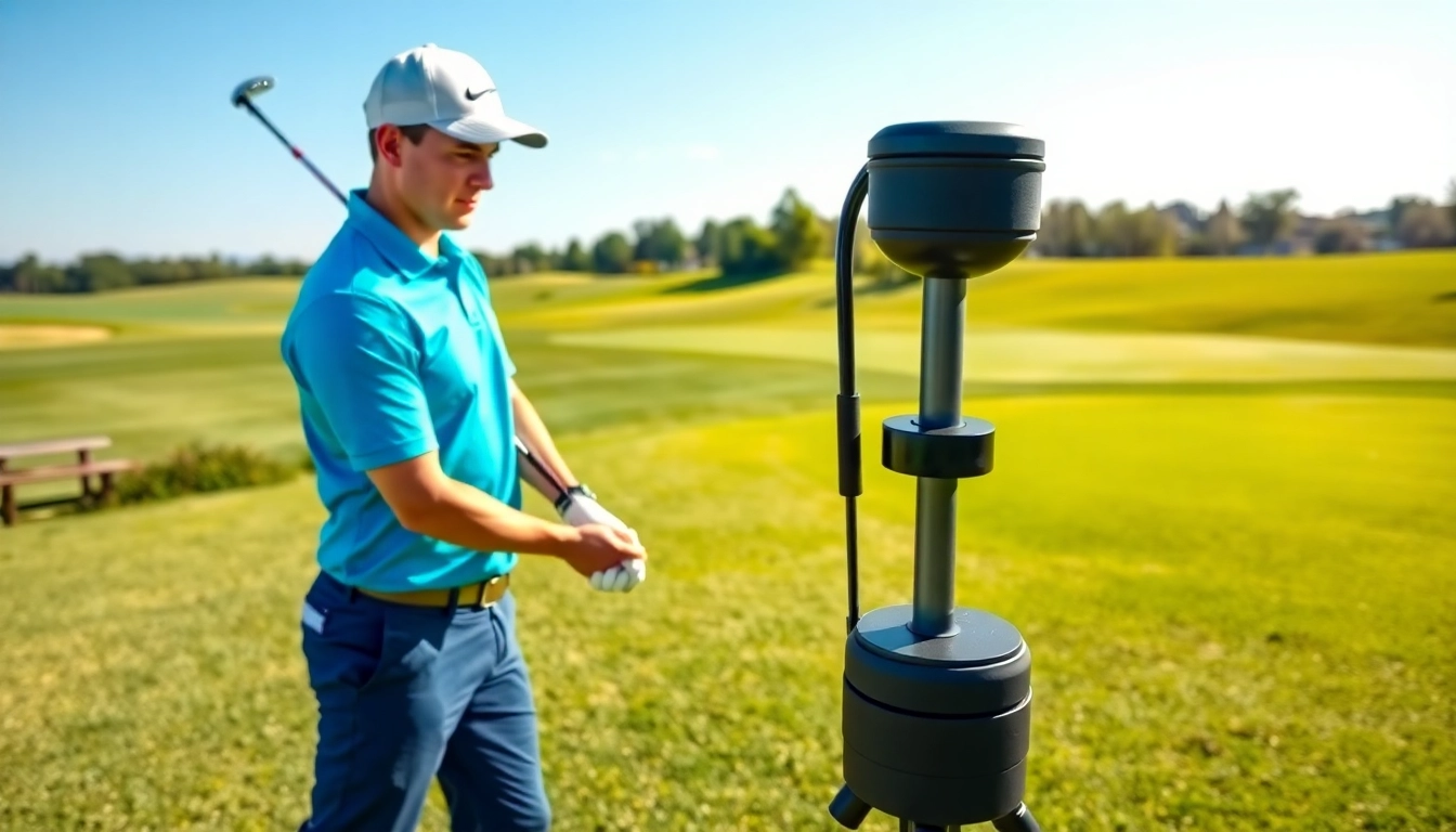 Golfer using a golf swing training aid for perfecting their technique on the course.
