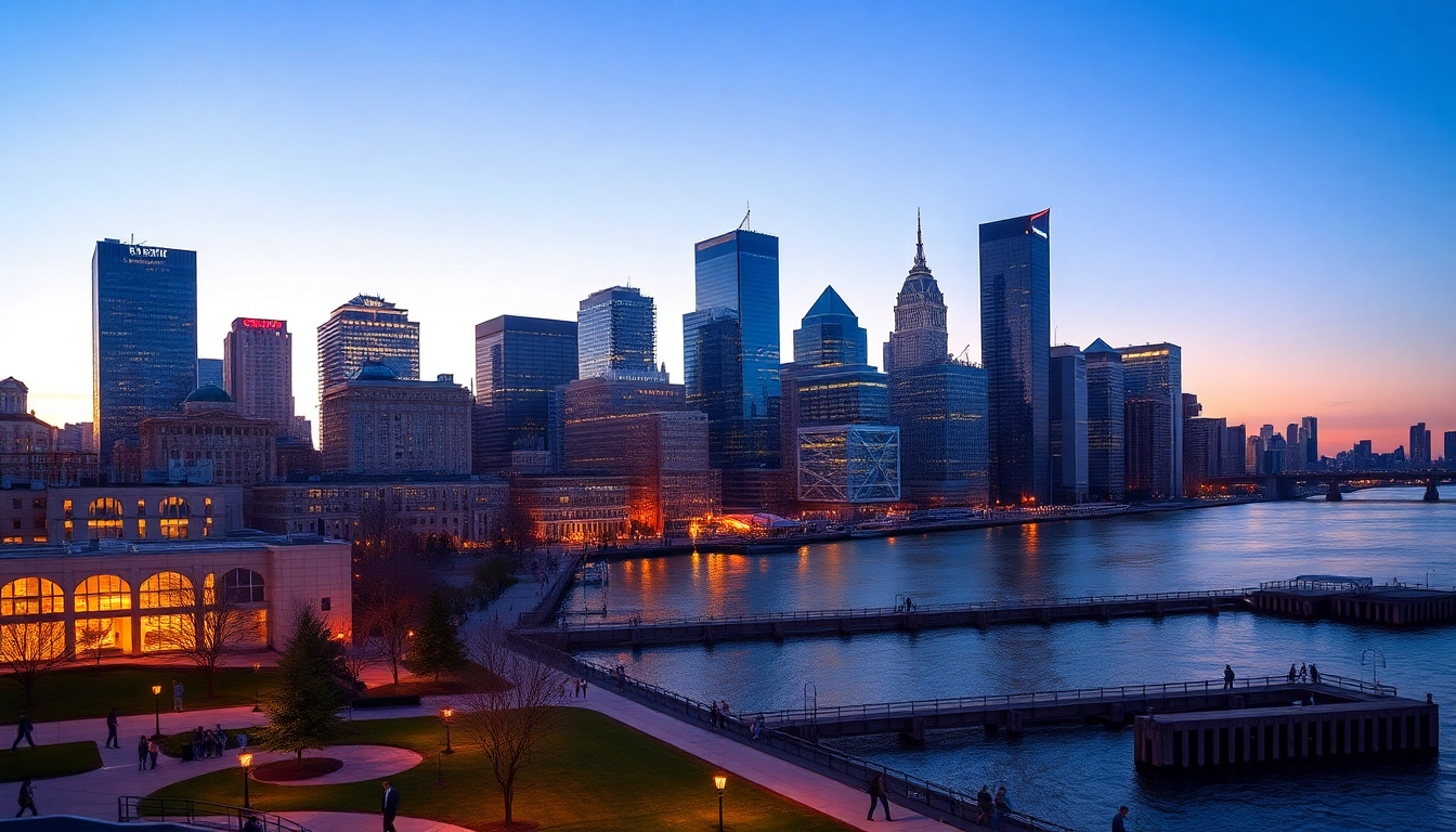 Capture of the skyline of Jersey City NJ, reflecting city lights on the Hudson River.