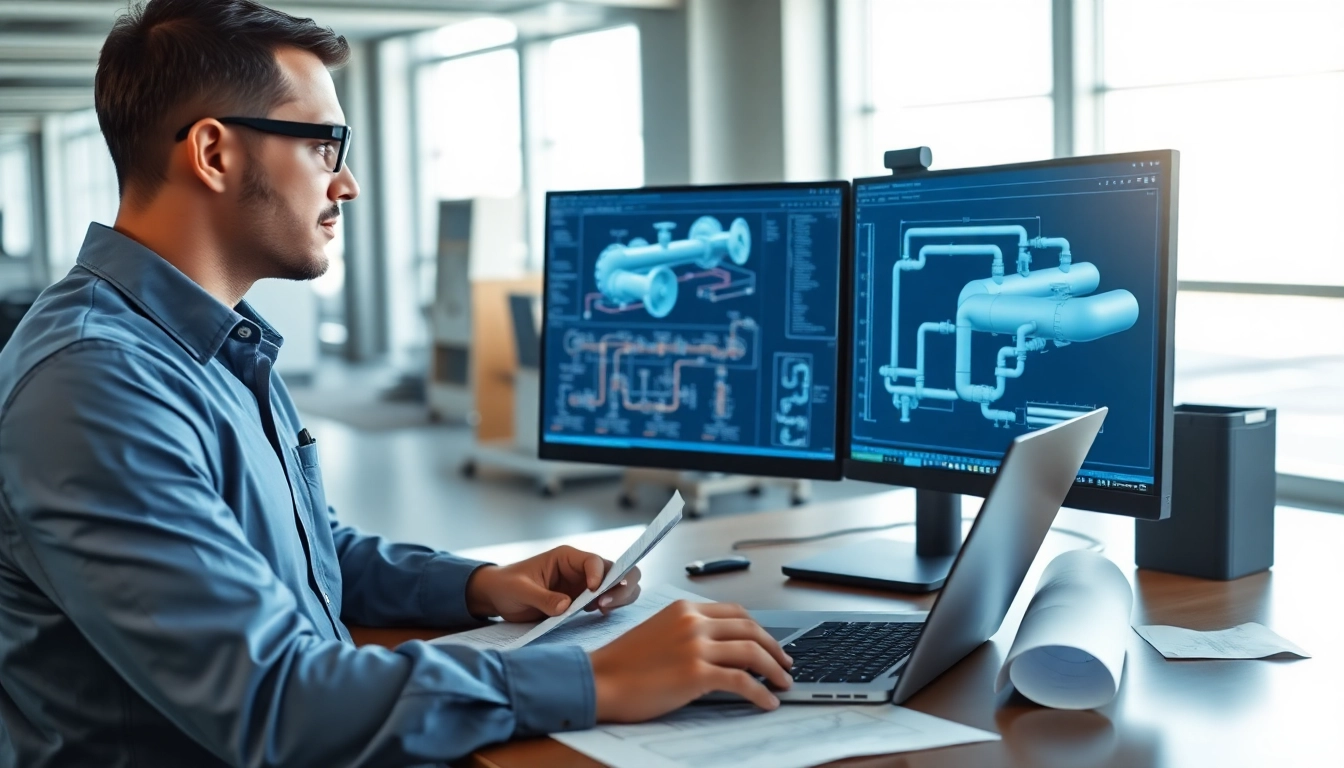 Piping stress analysis company engineer analyzing detailed piping diagrams in a modern office.