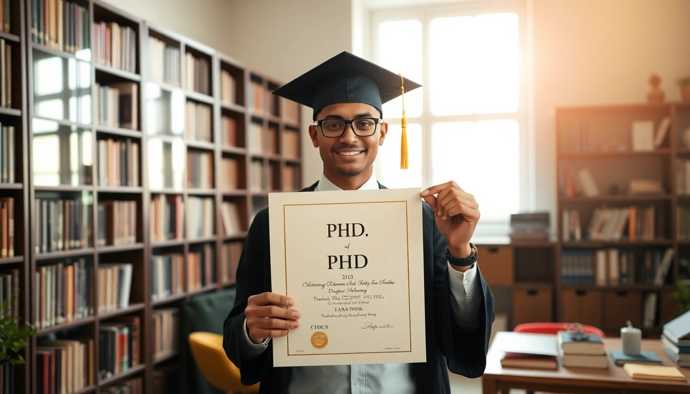 Illustration showing where to buy PhD degree featuring a graduate with diploma.