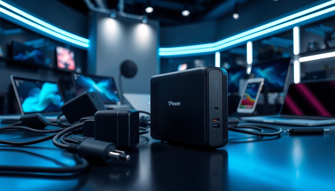 Showcase TPower power supplies in a modern electronics environment, highlighting sleek features and innovation.