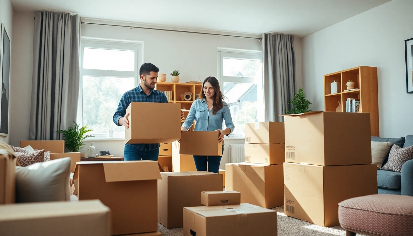 Efficient team from Umzugsfirma Erlangen packing boxes for a smooth moving experience in a cozy living room.