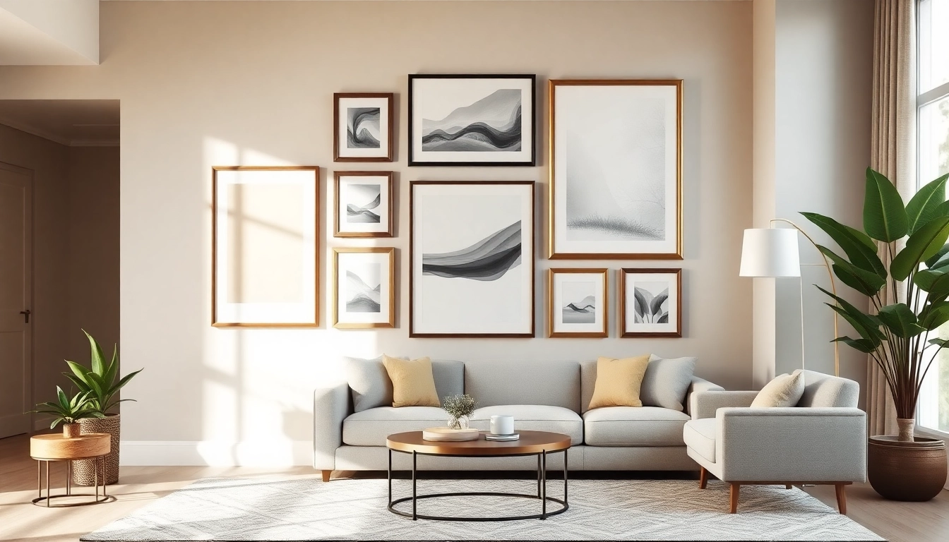 Showcasing large frames showcasing artwork in a stylish living room setting