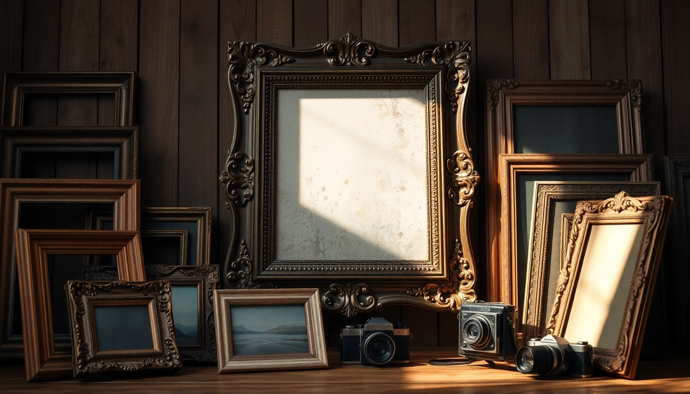 Display vintage frames in a warm, rustic environment, showcasing unique designs and textures.