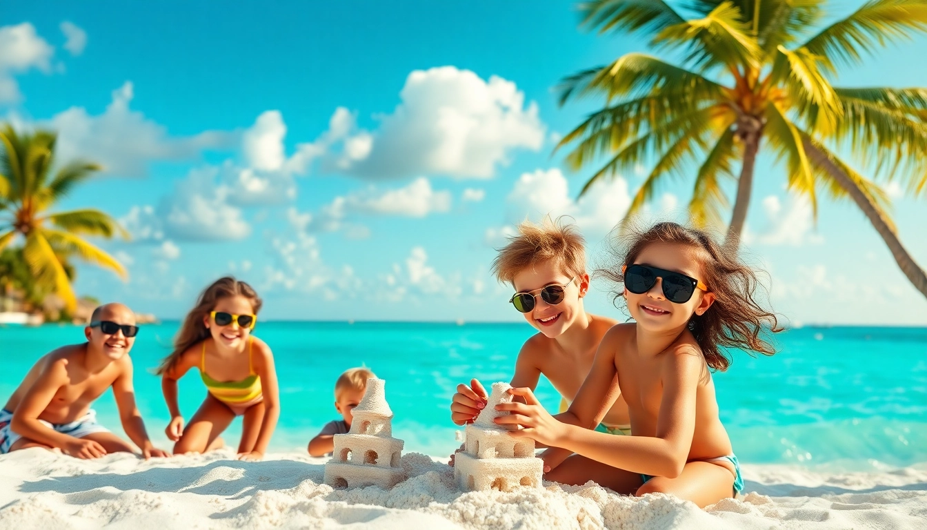 Family enjoying fun activities during Livingstone Vacations Bahamas Travel at a beautiful beach.