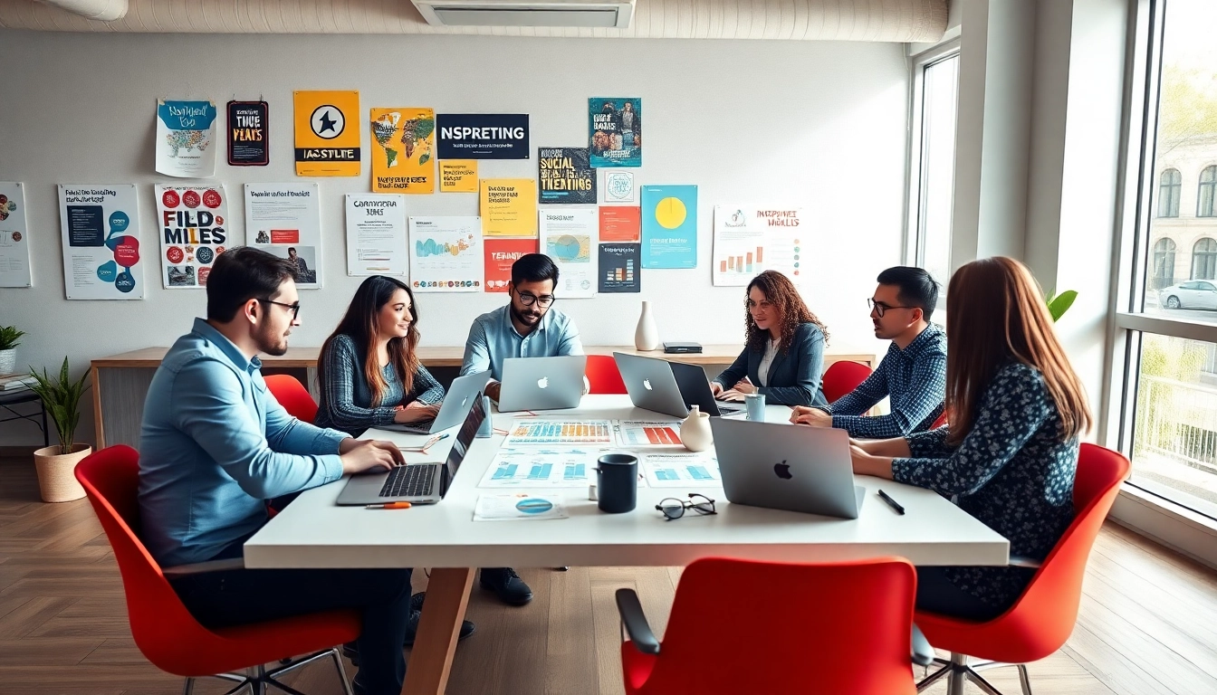 Social media agency professionals collaborating in a vibrant, modern office environment.