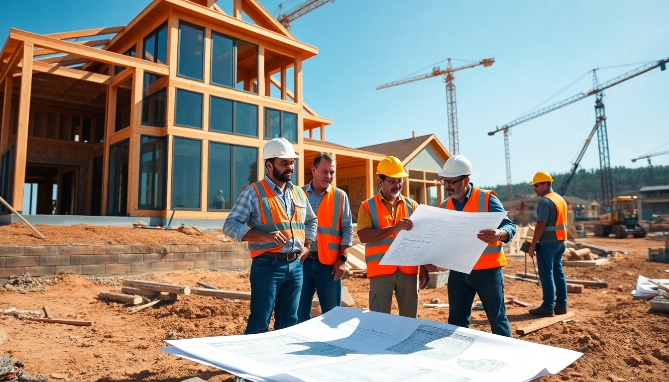 Explore custom home builders near me on a vibrant construction site, showcasing skilled workers and modern equipment.