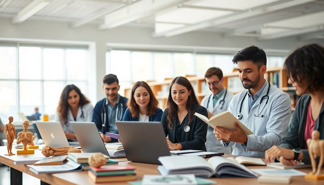 Medizinstudium ohne Aufnahmeprüfung: Studierende in einer modernen Bibliothek, die zusammen lernen.