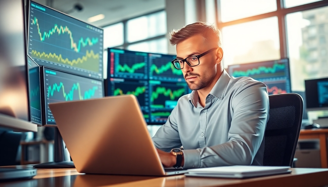 Stock picker analyzing market data in a modern office environment.