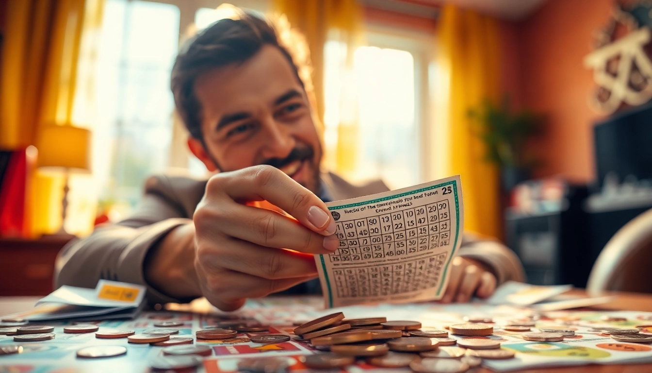 Engaged player reveals rewards in a mn lottery scratch game with vibrant tickets and coins.