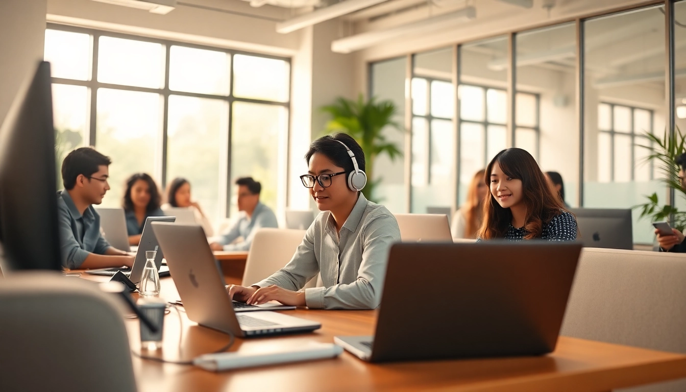 Engaged professionals in virtual assistant jobs Philippines collaborate in a modern office.