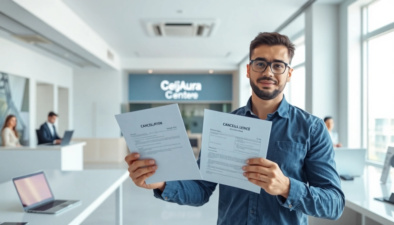 Tenant preparing for ejari cancellation at a service center in Dubai with necessary documents.