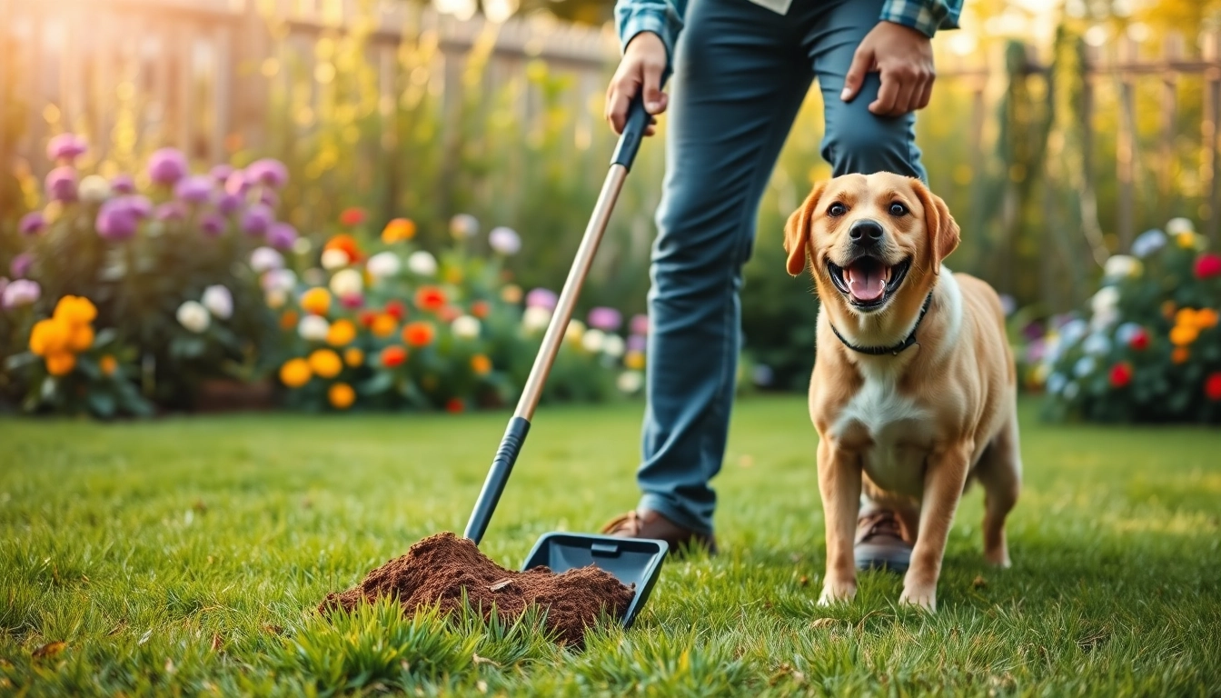 Cleaning up dog poop with a pooper scooper in a beautiful backyard setting.