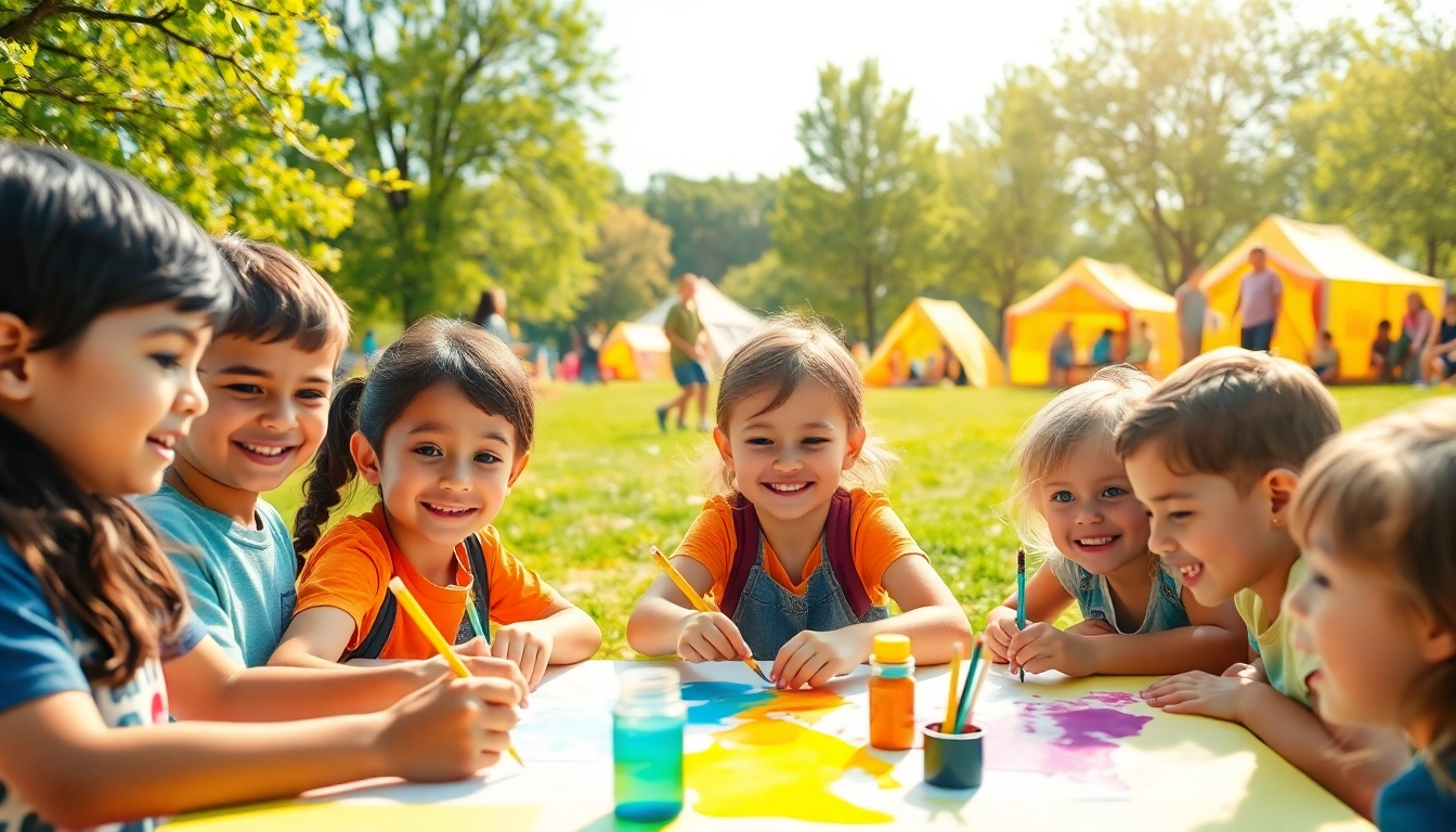 Captivating image of holiday camps with children engaging in various fun activities under a bright sunny sky.