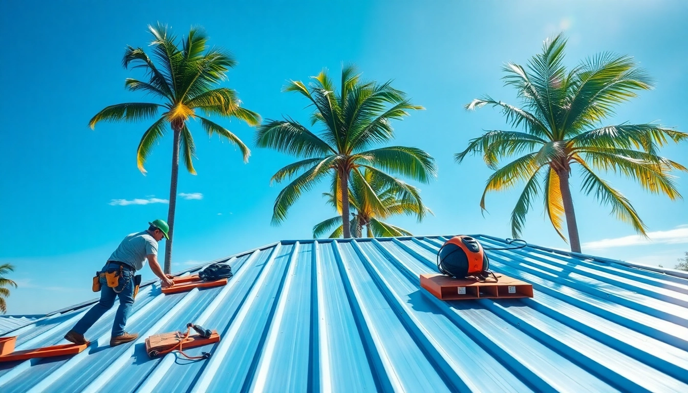 Workers installing florida metal roofing panels on a residential home under a sunny blue sky.