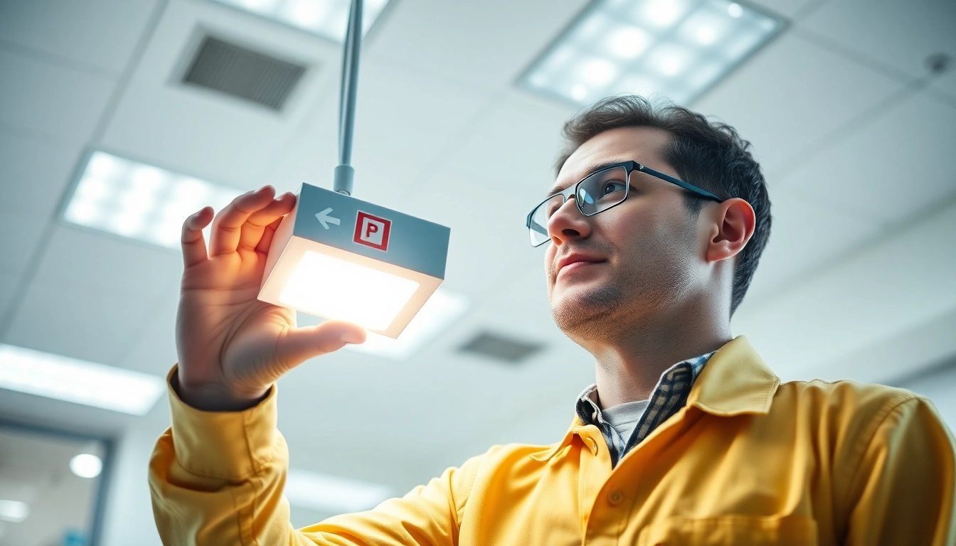 Conducting Emergency Light Testing with a technician inspecting illuminated fixtures in a workplace.