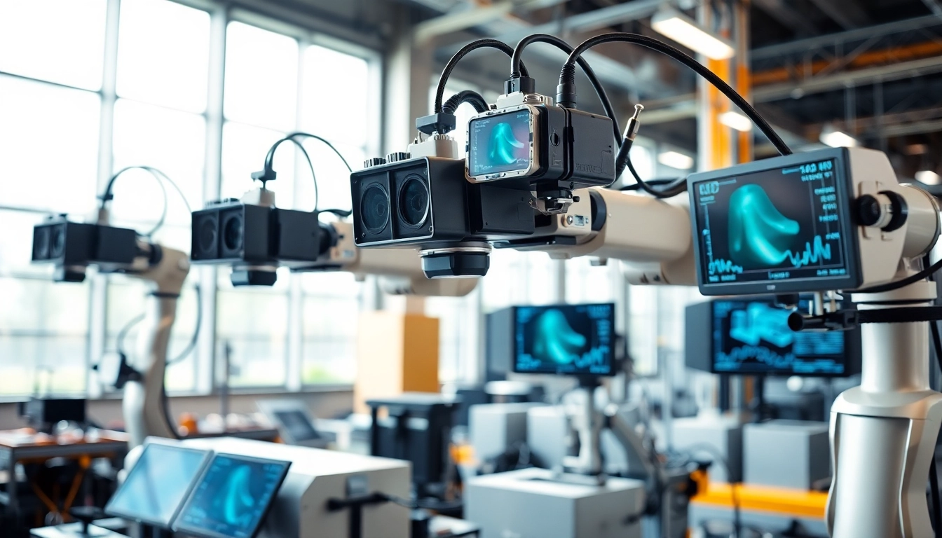 Inspecting product quality with advanced machine vision technology in a bright factory setting.