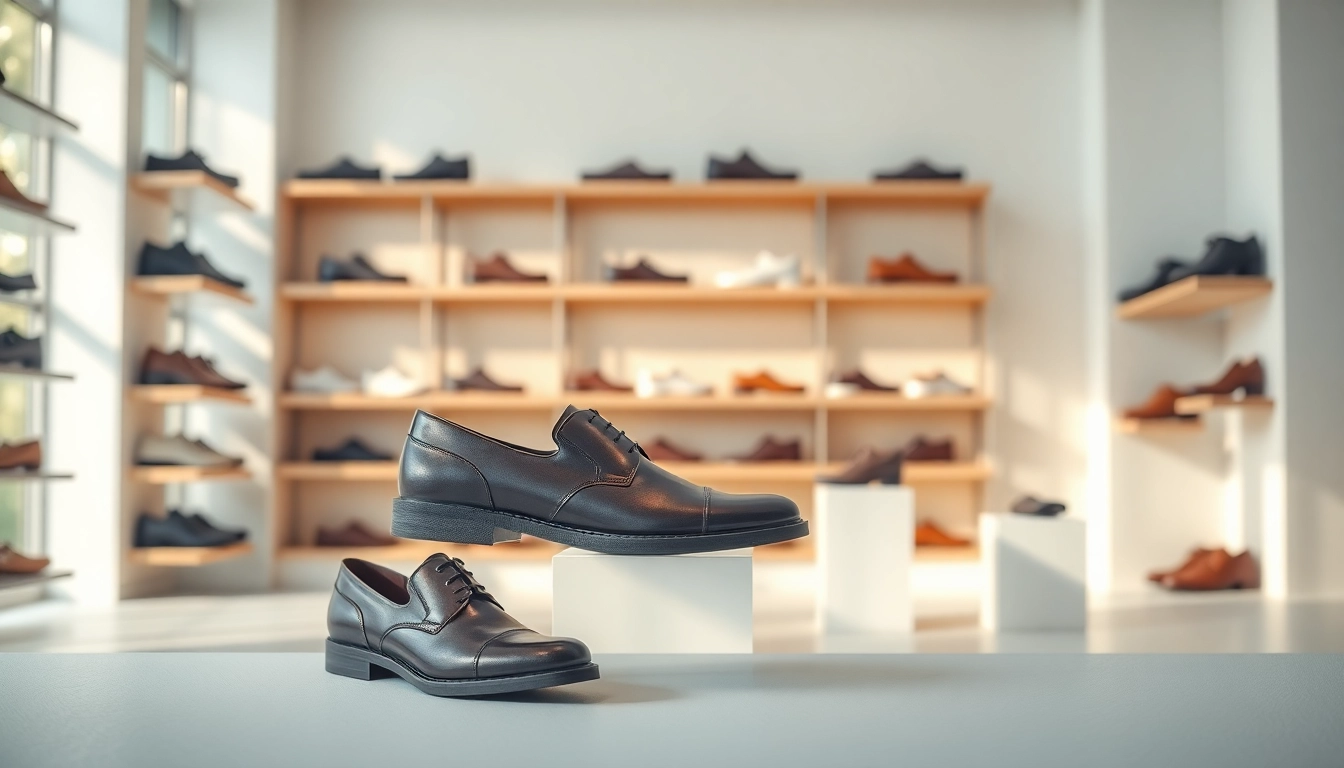 Schuhe mit breiter Zehenbox in einem modernen Geschäft zum Verkauf präsentieren