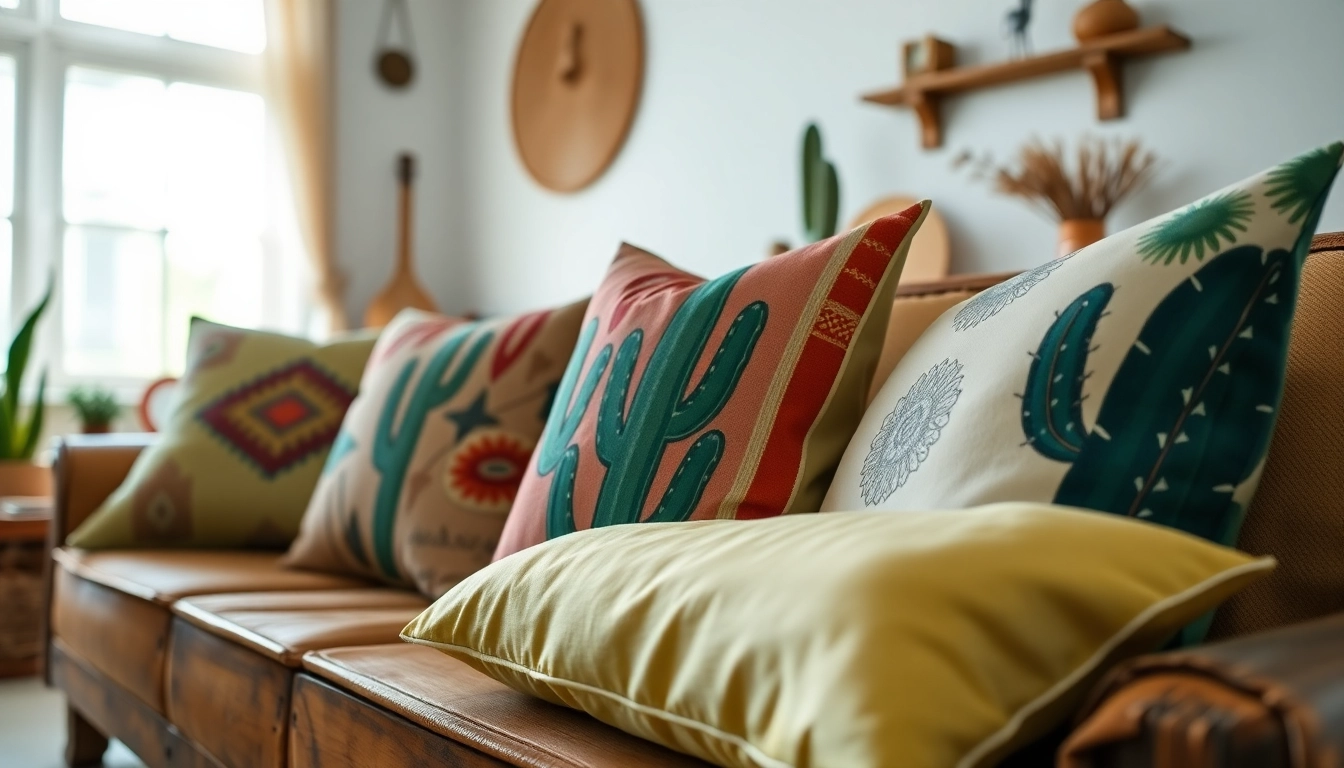 Cactus Silk Pillows exuding vibrant colors and silky textures arranged on a vintage sofa.