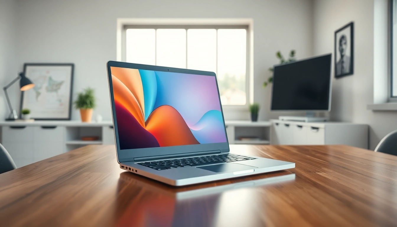 Επαγγελματικός υπολογιστής refurbished laptop σε μοντέρνο γραφείο με φωτεινό φυσικό φωτισμό.