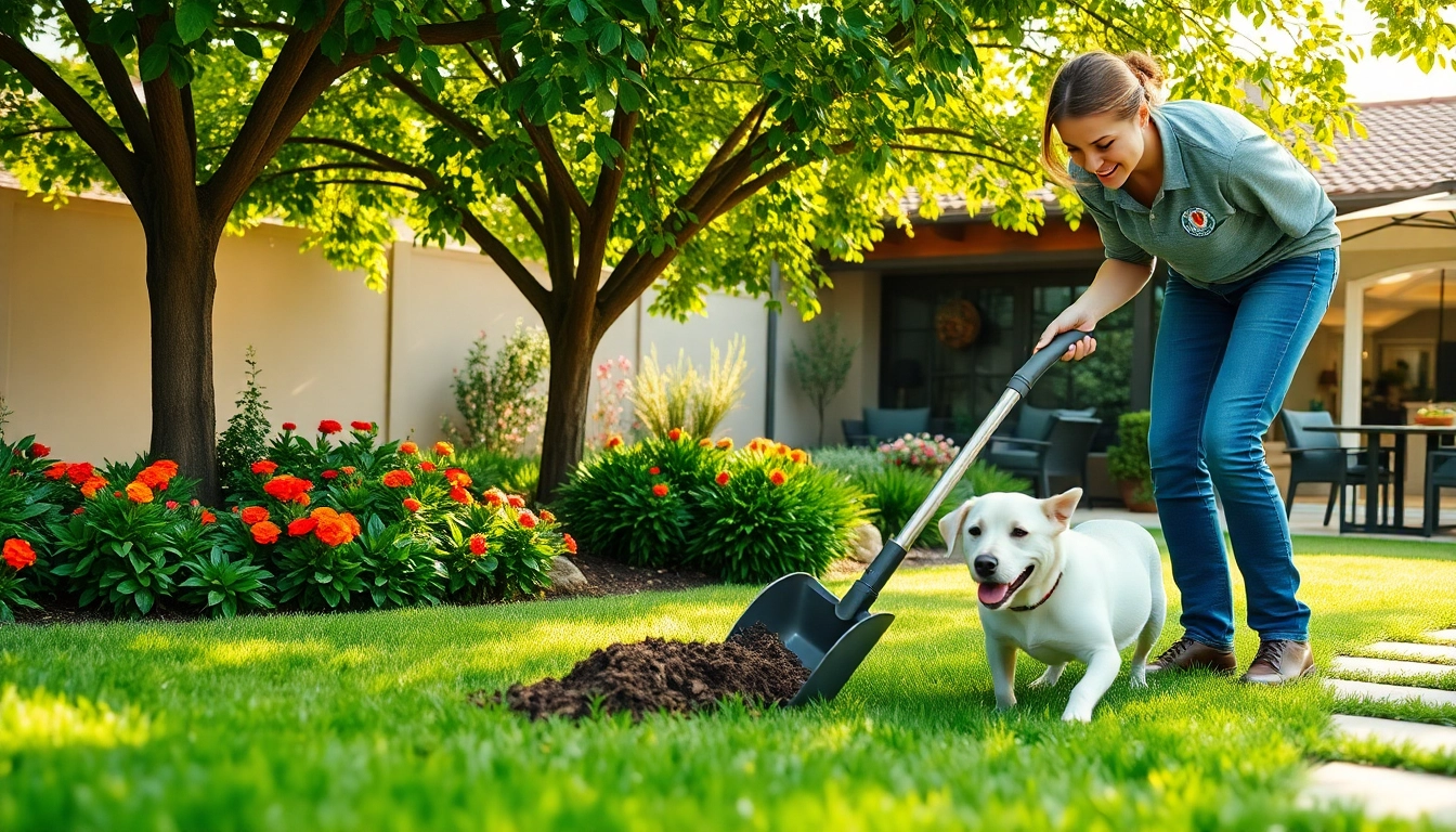 Professional Alamo Ranch poop scooper cleaning a lush yard with a happy dog nearby.