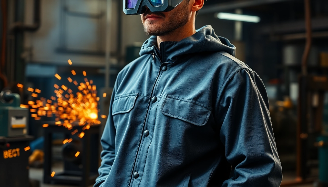 Welder showcasing a durable welding jacket while working with welding tools and machinery.