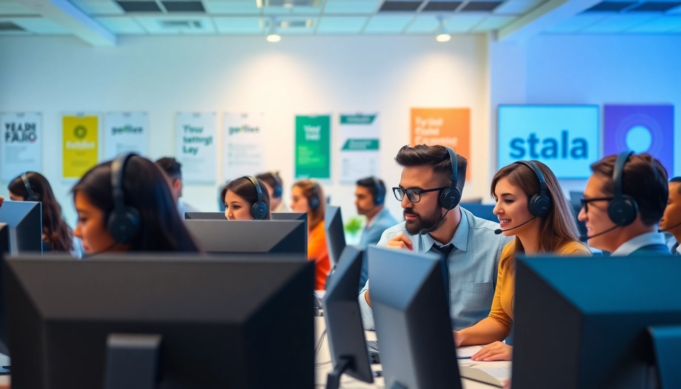 Agents providing call center services in a vibrant and professional office setting.